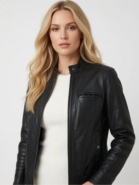 ASOS Black Leather Zip-Front Biker Jacket size extra Small